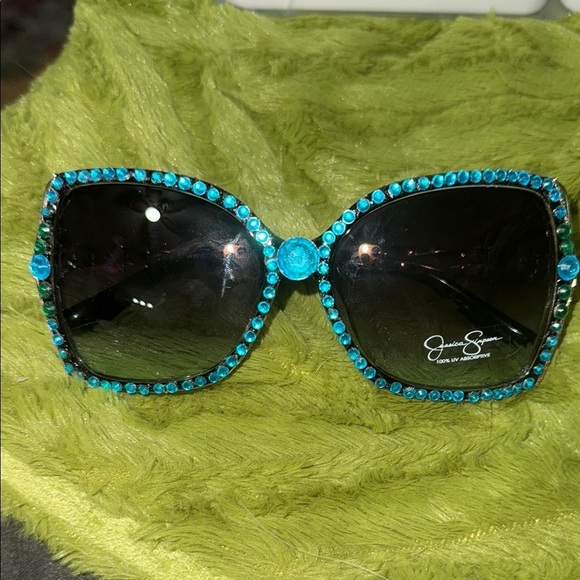 Jessica Simpson Oversized Handmade Bejeweled Blue/Green Gemstone Sunglasses - Picture 1 of 7